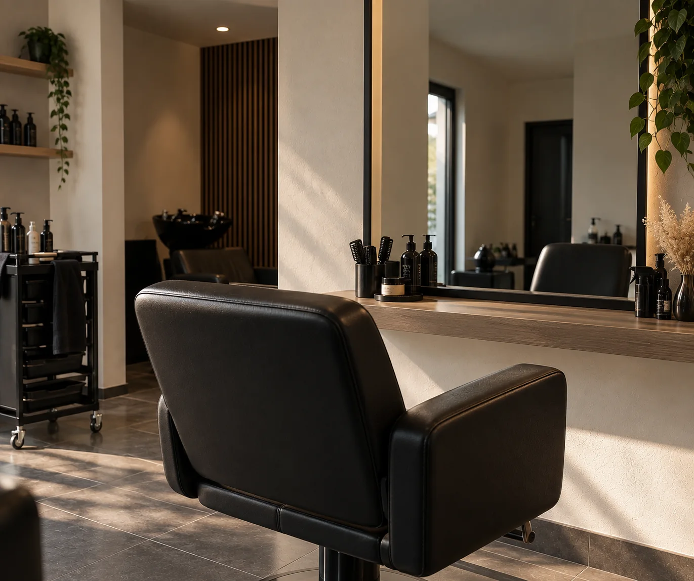 Salon de coiffure sobre avec chaise et miroir